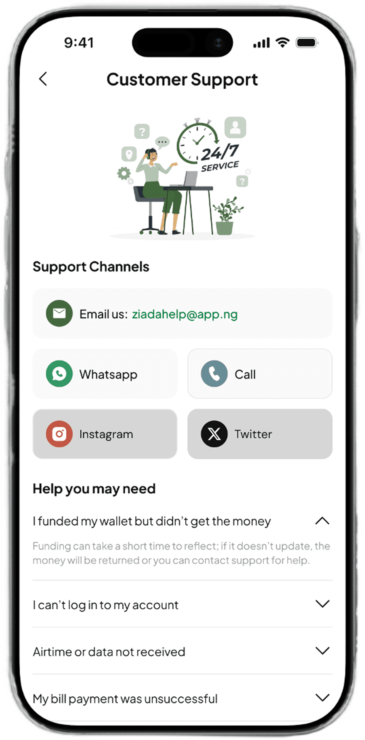Customer Support app screen showing support channels and help topics